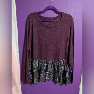 💜 Story Teller Purple Floral Leopard Print Paisley Babydoll Top 3X 22 24